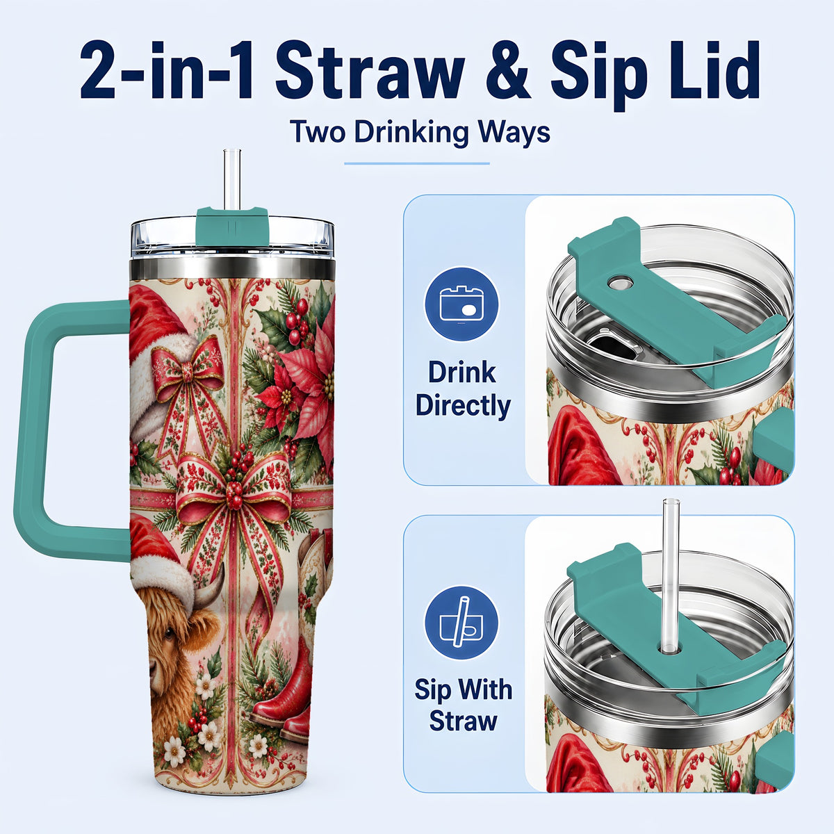 #pl[40oz|Green] Christmas Cow 40oz Tumbler with Handle, Western Stainless Steel Travel Cup