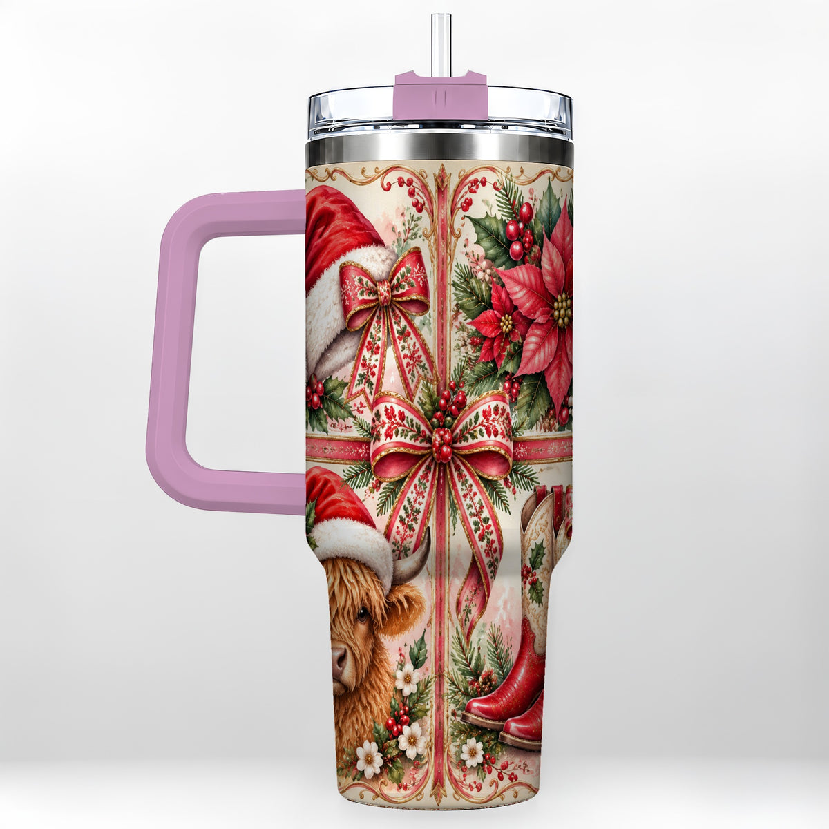 #pl[40oz|Pink] Christmas Cow 40oz Tumbler with Handle, Western Stainless Steel Travel Cup