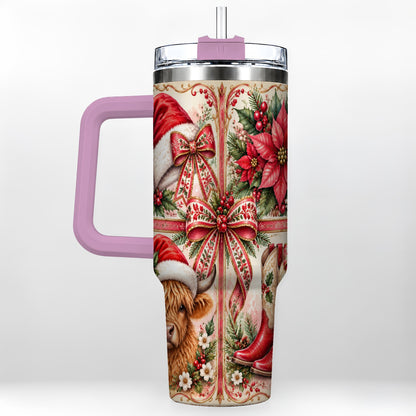 #pl[40oz|Pink] Christmas Cow 40oz Tumbler with Handle, Western Stainless Steel Travel Cup