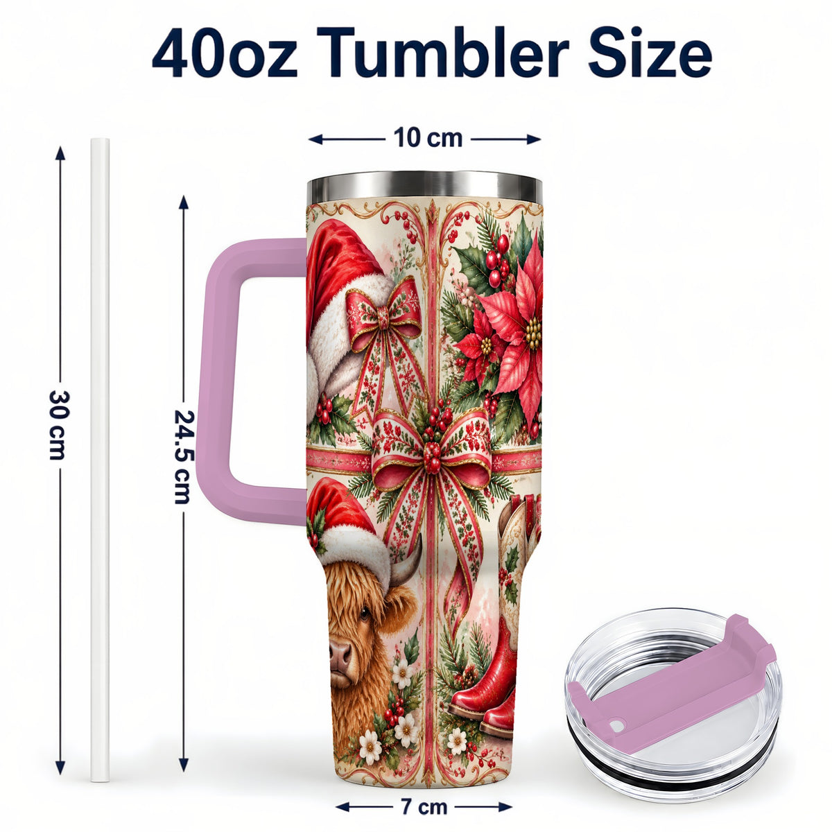 #pl[40oz|Pink] Christmas Cow 40oz Tumbler with Handle, Western Stainless Steel Travel Cup