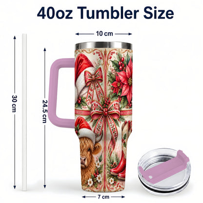 #pl[40oz|Pink] Christmas Cow 40oz Tumbler with Handle, Western Stainless Steel Travel Cup
