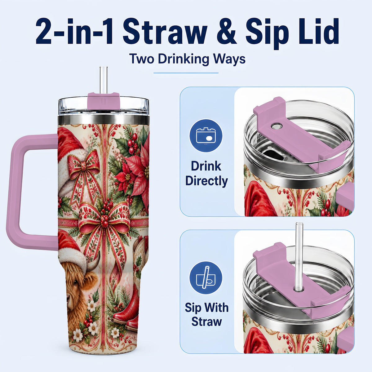 #pl[40oz|Pink] Christmas Cow 40oz Tumbler with Handle, Western Stainless Steel Travel Cup