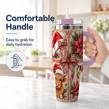 #pl[40oz|Pink] Christmas Cow 40oz Tumbler with Handle, Western Stainless Steel Travel Cup