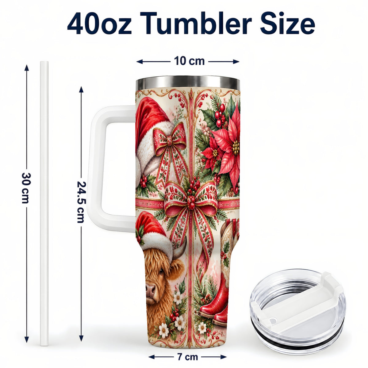 #pl[40oz|White] Christmas Cow 40oz Tumbler with Handle, Western Stainless Steel Travel Cup