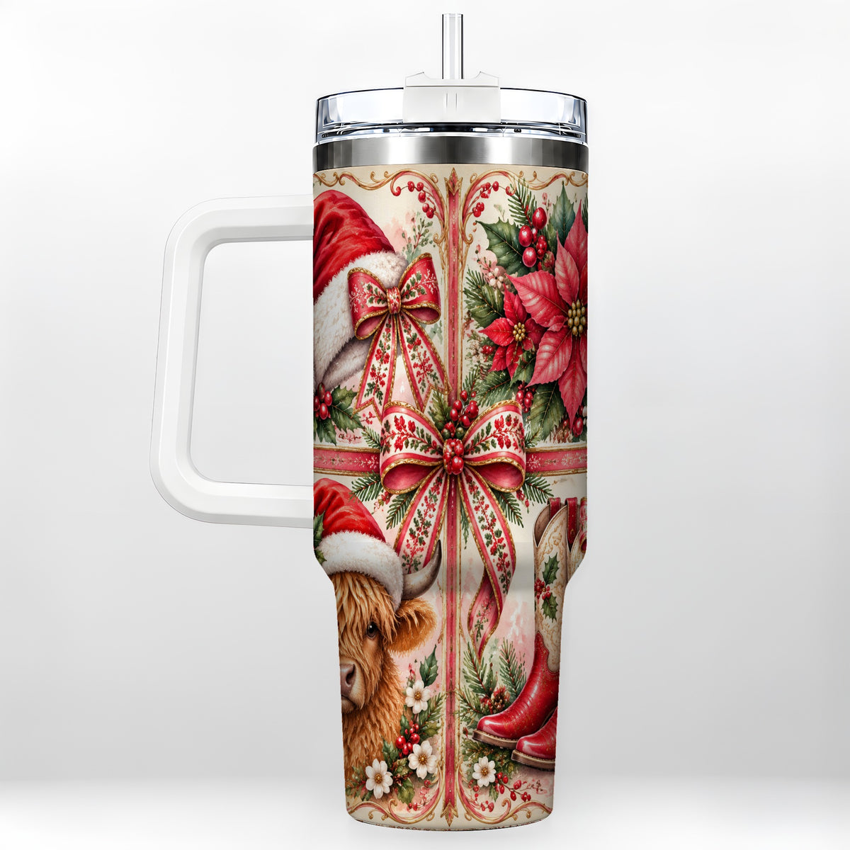 #pl[40oz|White] Christmas Cow 40oz Tumbler with Handle, Western Stainless Steel Travel Cup
