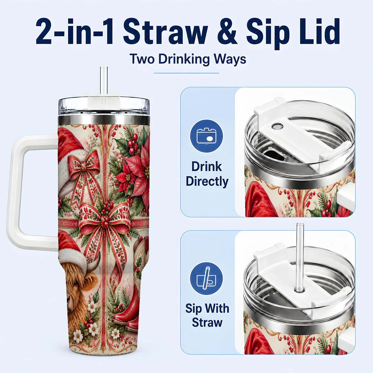 #pl[40oz|White] Christmas Cow 40oz Tumbler with Handle, Western Stainless Steel Travel Cup