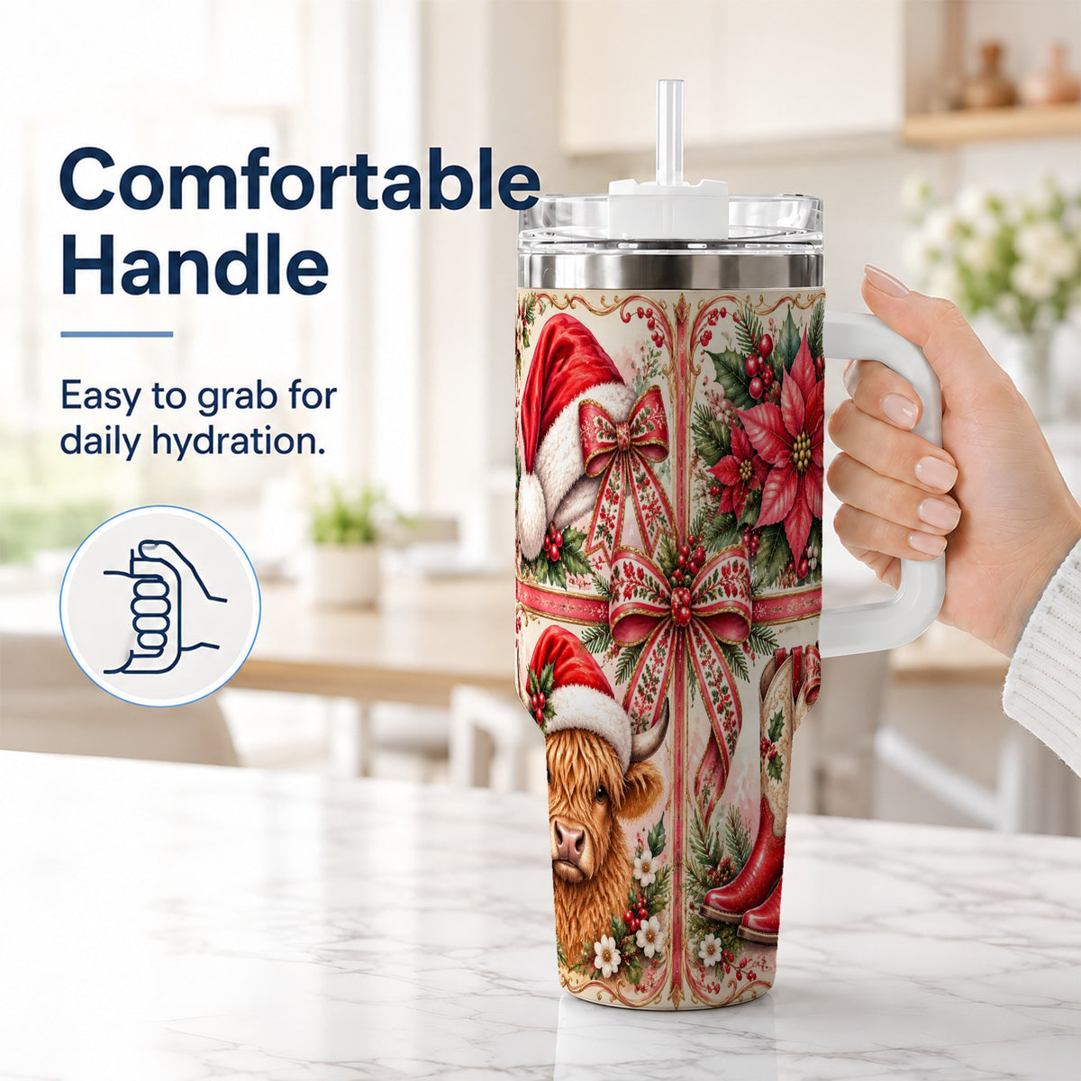 #pl[40oz|White] Christmas Cow 40oz Tumbler with Handle, Western Stainless Steel Travel Cup