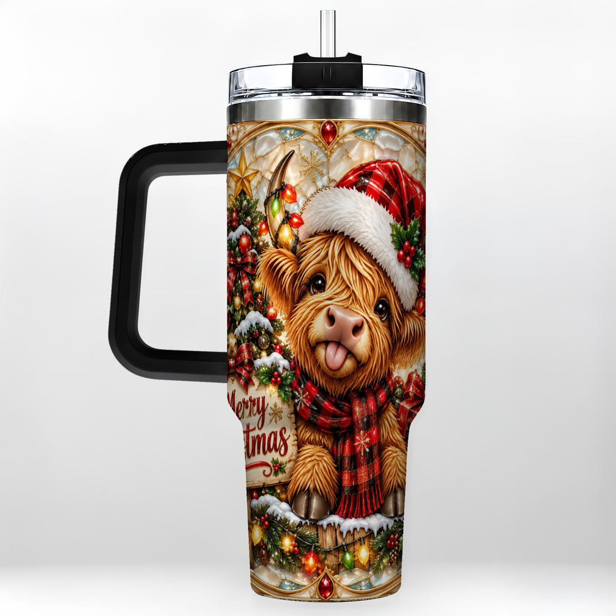 #pl[40oz|Black] Christmas Cow 40oz Tumbler with Handle, Holiday Stainless Steel Travel Cup
