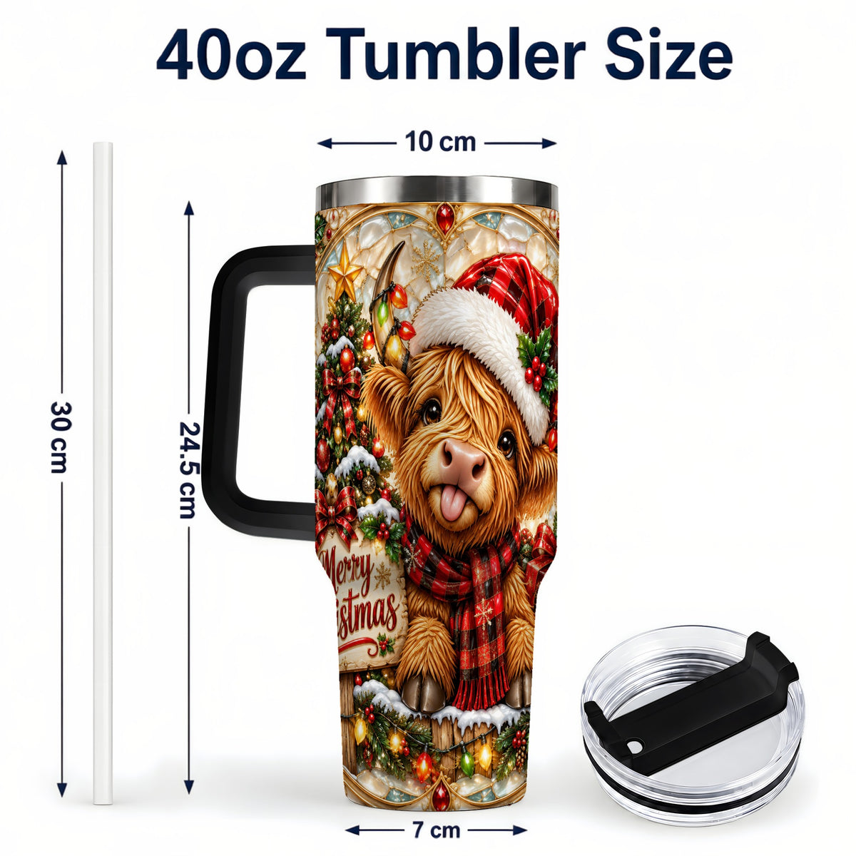 #pl[40oz|Black] Christmas Cow 40oz Tumbler with Handle, Holiday Stainless Steel Travel Cup