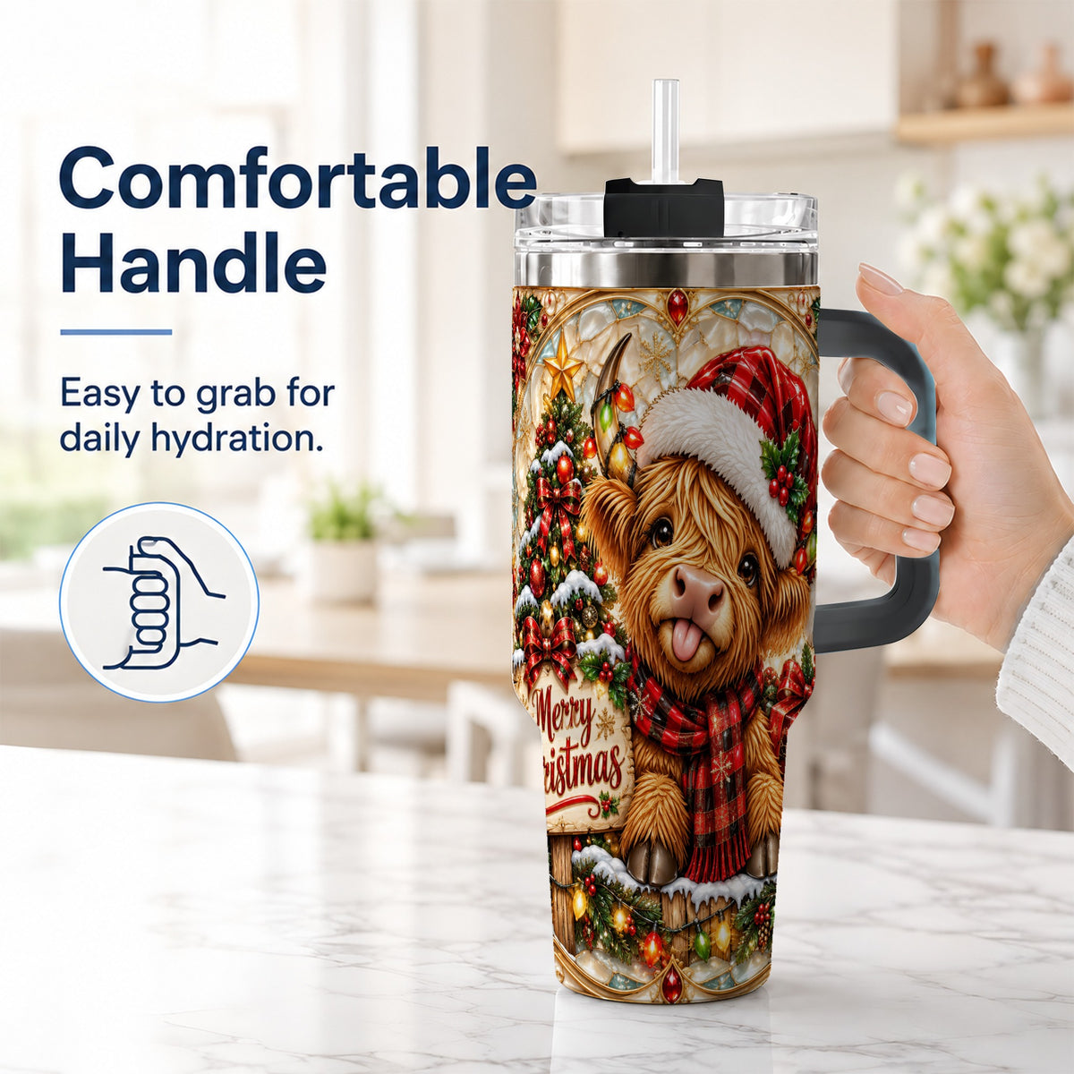 #pl[40oz|Black] Christmas Cow 40oz Tumbler with Handle, Holiday Stainless Steel Travel Cup