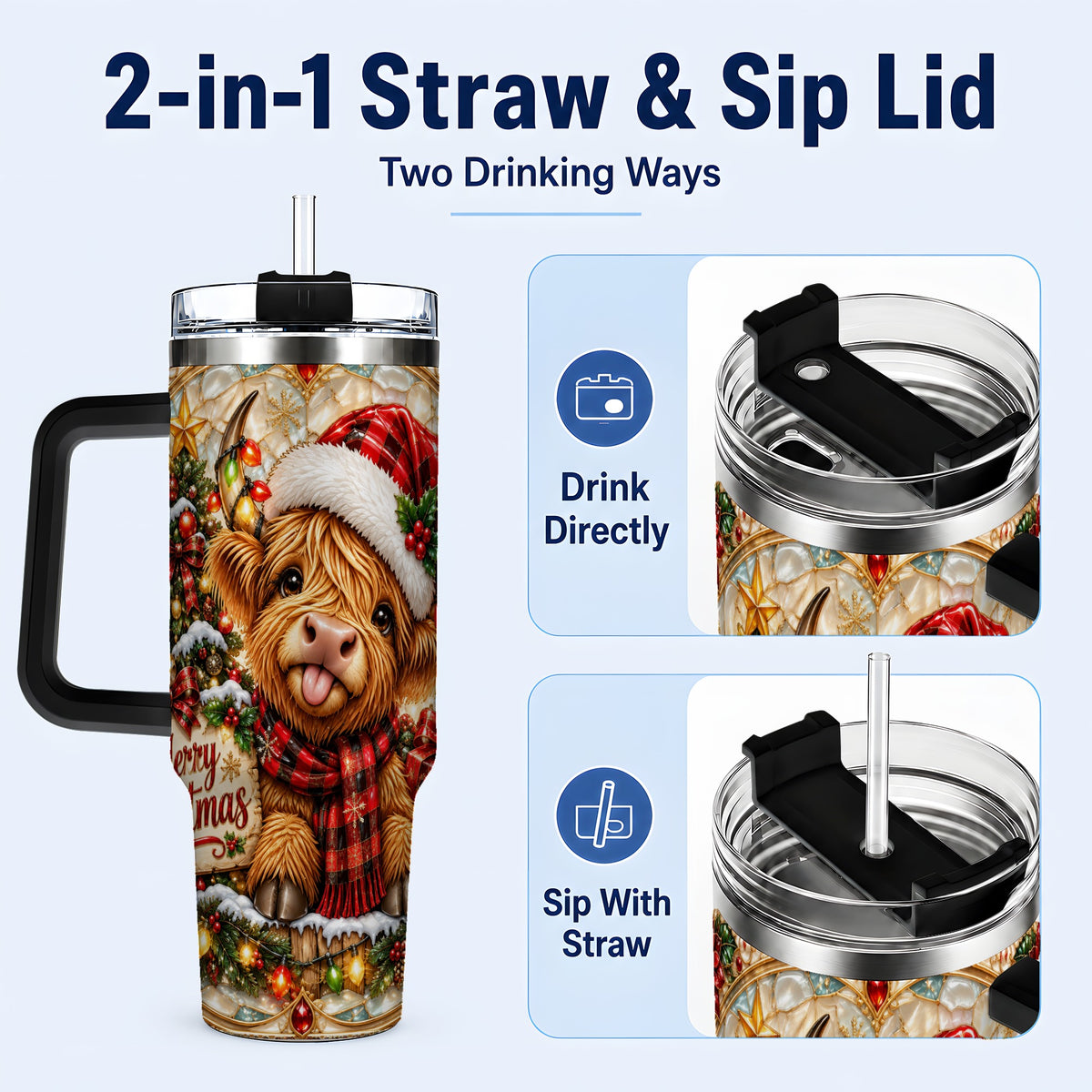 #pl[40oz|Black] Christmas Cow 40oz Tumbler with Handle, Holiday Stainless Steel Travel Cup