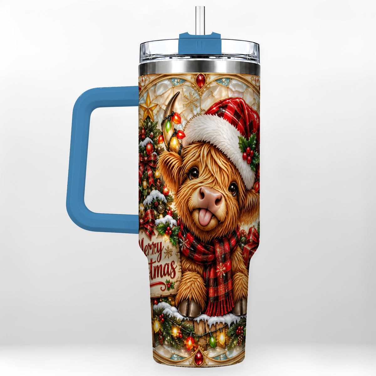 #pl[40oz|Blue] Christmas Cow 40oz Tumbler with Handle, Holiday Stainless Steel Travel Cup