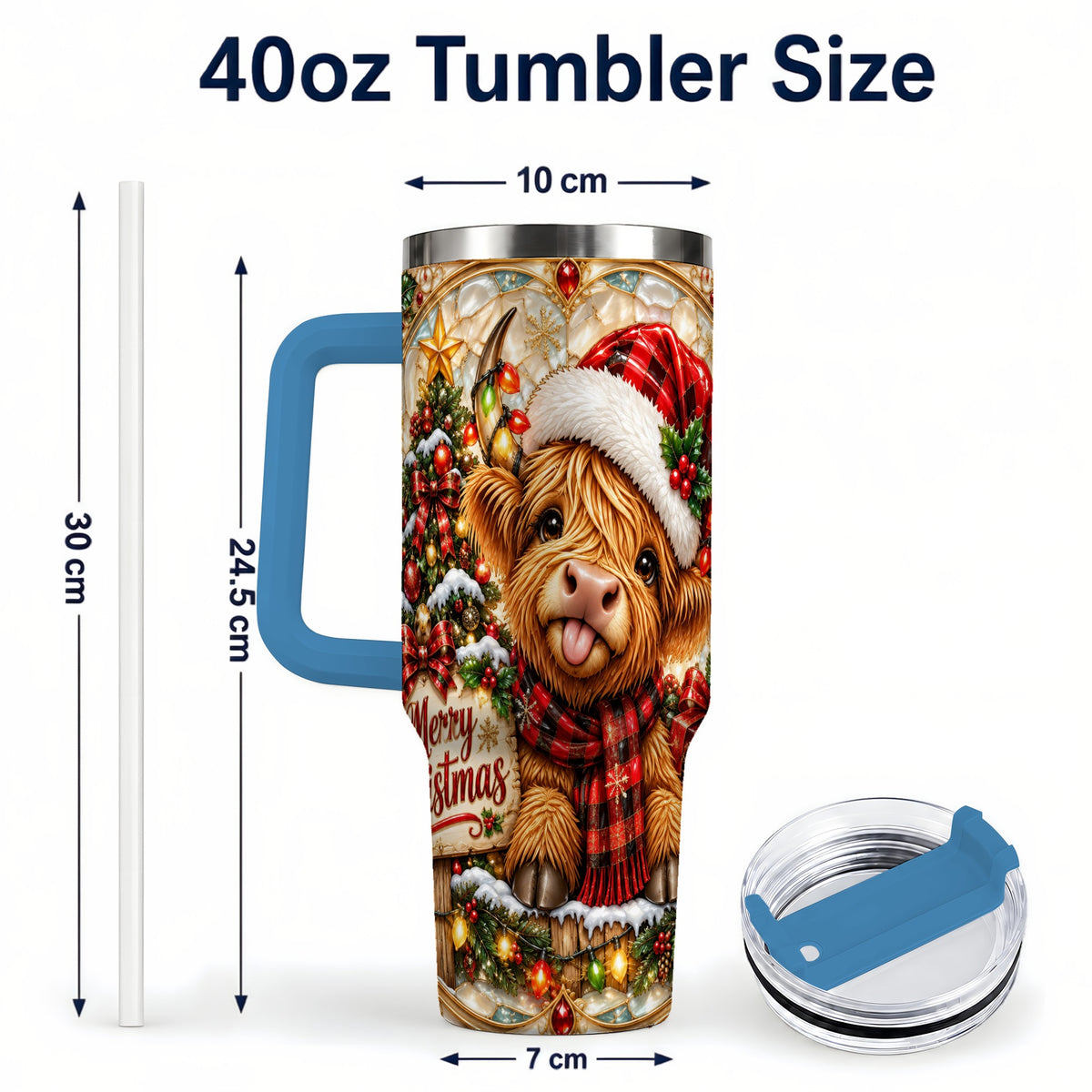 #pl[40oz|Blue] Christmas Cow 40oz Tumbler with Handle, Holiday Stainless Steel Travel Cup