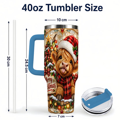 #pl[40oz|Blue] Christmas Cow 40oz Tumbler with Handle, Holiday Stainless Steel Travel Cup