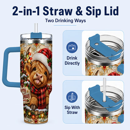 #pl[40oz|Blue] Christmas Cow 40oz Tumbler with Handle, Holiday Stainless Steel Travel Cup