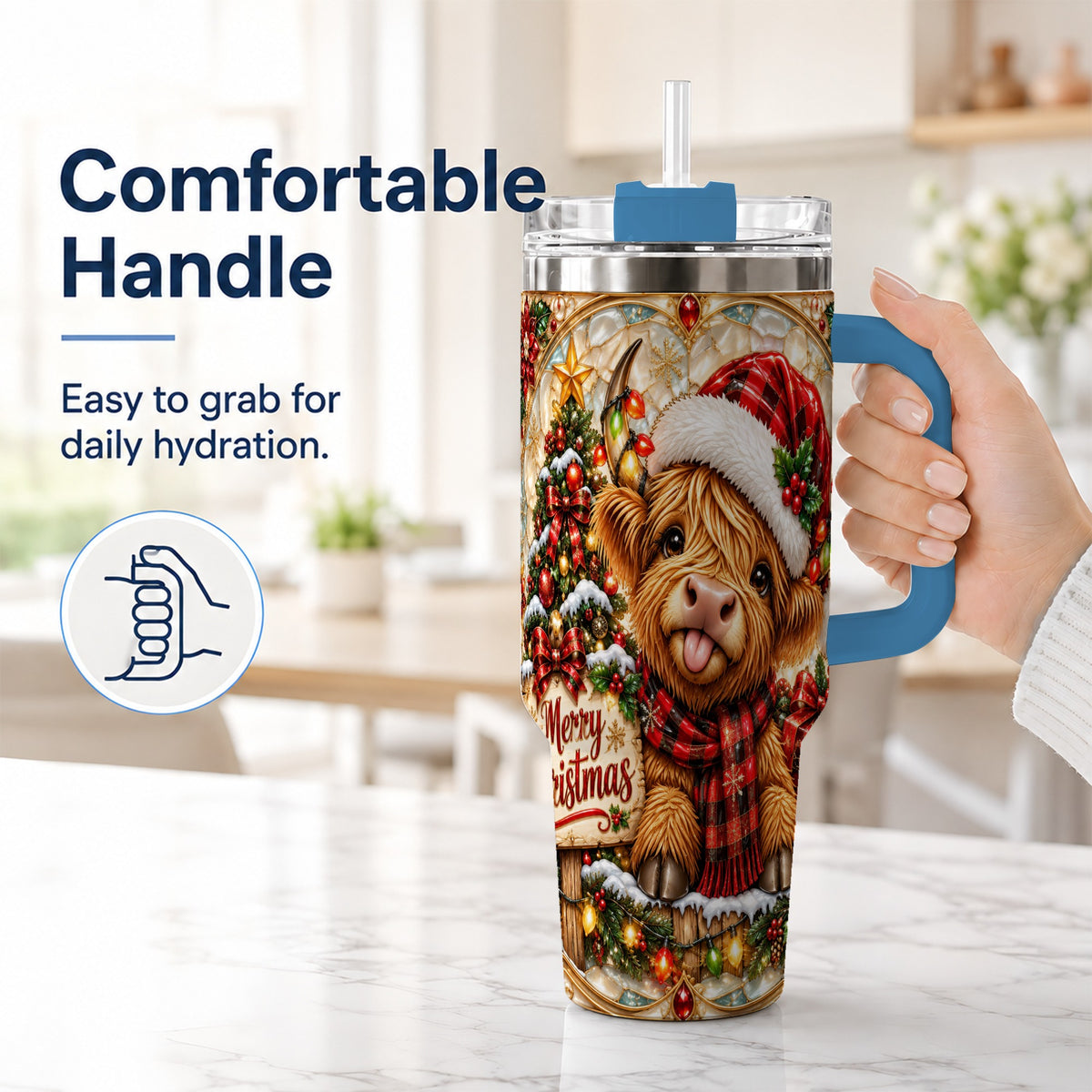 #pl[40oz|Blue] Christmas Cow 40oz Tumbler with Handle, Holiday Stainless Steel Travel Cup