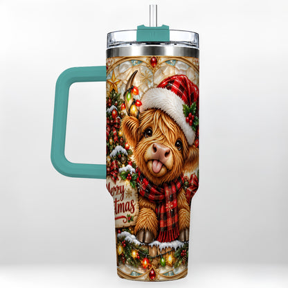 #pl[40oz|Green] Christmas Cow 40oz Tumbler with Handle, Holiday Stainless Steel Travel Cup