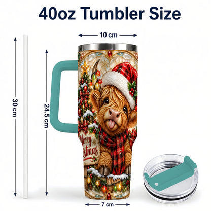 #pl[40oz|Green] Christmas Cow 40oz Tumbler with Handle, Holiday Stainless Steel Travel Cup