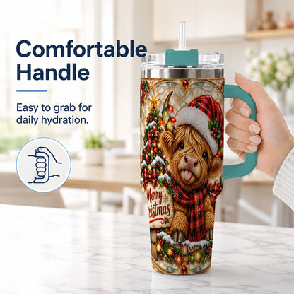 #pl[40oz|Green] Christmas Cow 40oz Tumbler with Handle, Holiday Stainless Steel Travel Cup