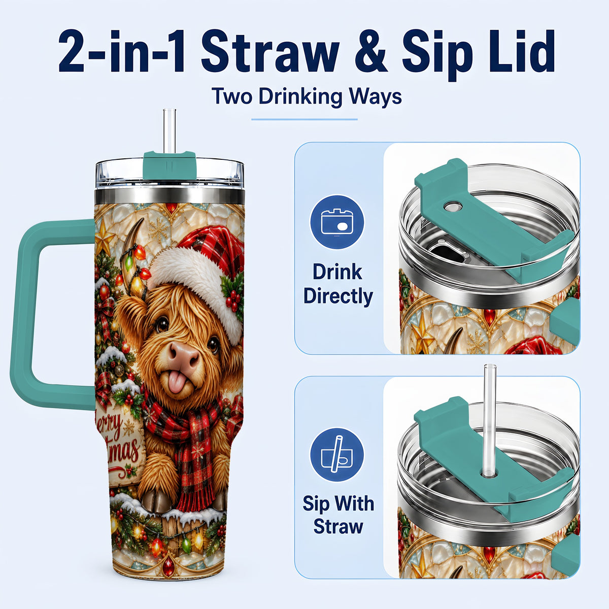 #pl[40oz|Green] Christmas Cow 40oz Tumbler with Handle, Holiday Stainless Steel Travel Cup