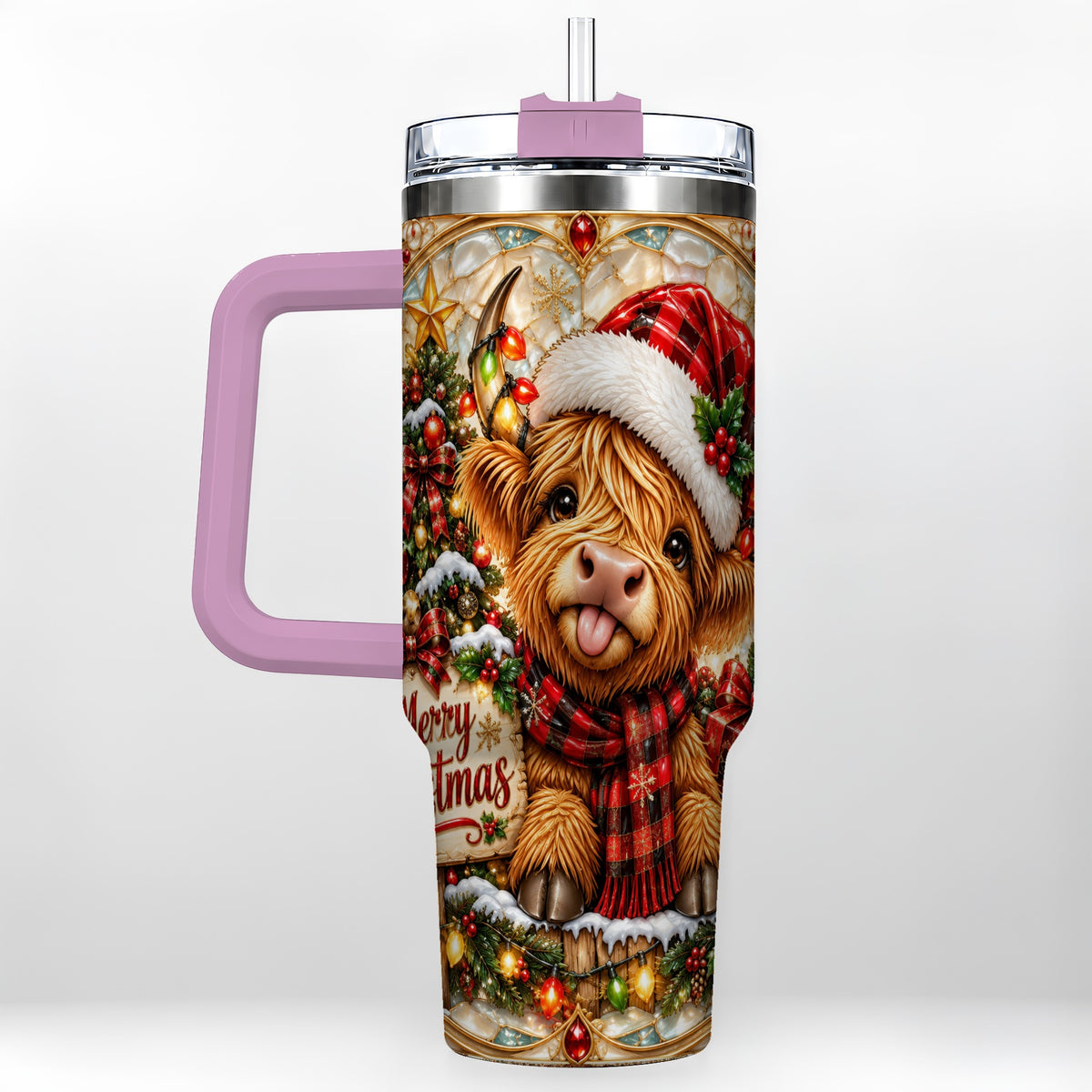 #pl[40oz|Pink] Christmas Cow 40oz Tumbler with Handle, Holiday Stainless Steel Travel Cup