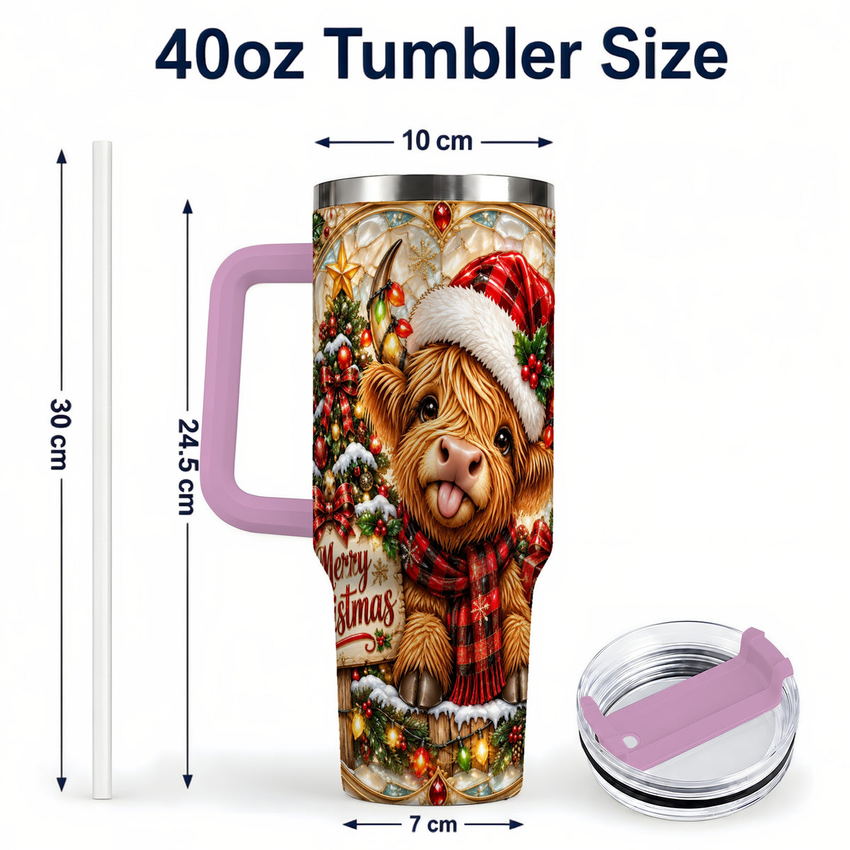 #pl[40oz|Pink] Christmas Cow 40oz Tumbler with Handle, Holiday Stainless Steel Travel Cup