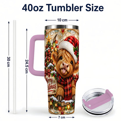 #pl[40oz|Pink] Christmas Cow 40oz Tumbler with Handle, Holiday Stainless Steel Travel Cup