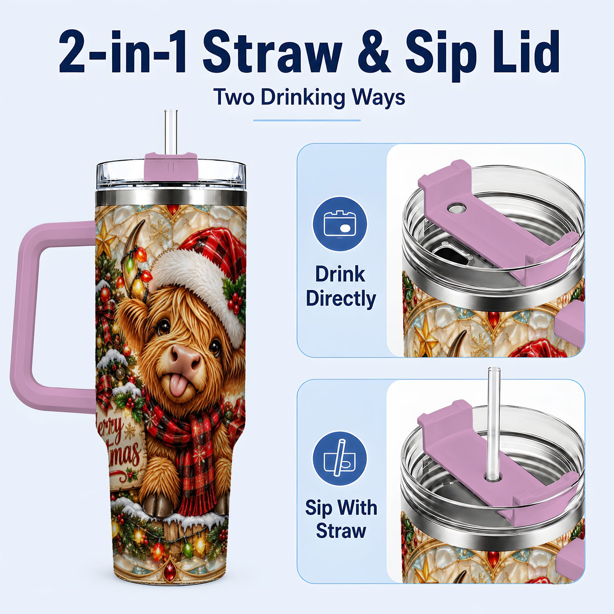 #pl[40oz|Pink] Christmas Cow 40oz Tumbler with Handle, Holiday Stainless Steel Travel Cup