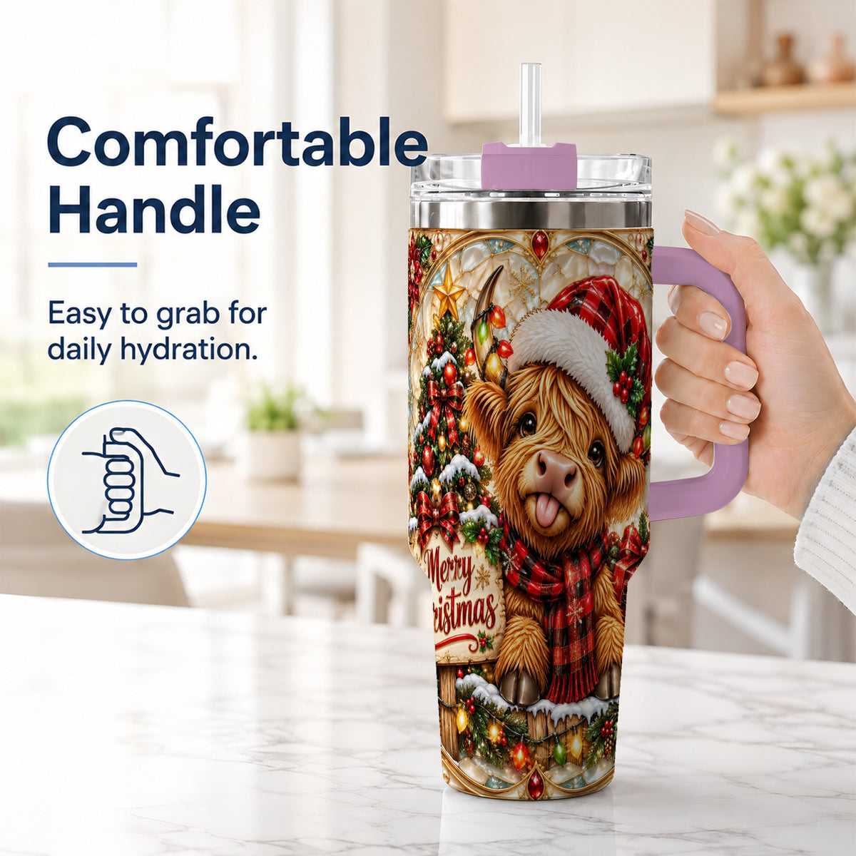 #pl[40oz|Pink] Christmas Cow 40oz Tumbler with Handle, Holiday Stainless Steel Travel Cup