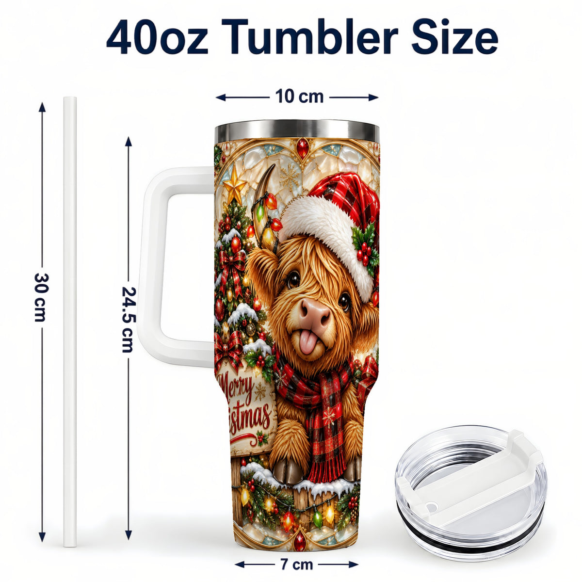 #pl[40oz|White] Christmas Cow 40oz Tumbler with Handle, Holiday Stainless Steel Travel Cup