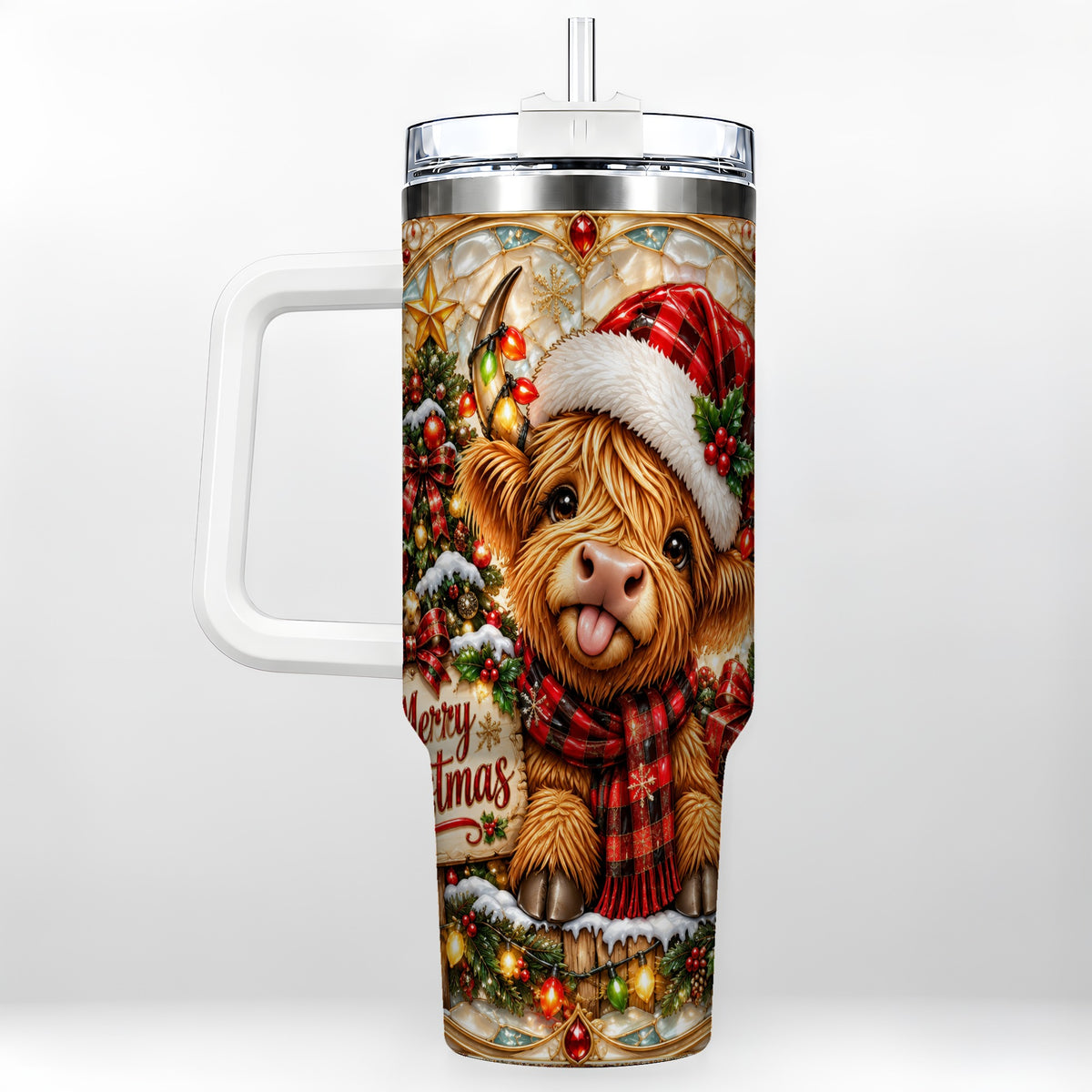 #pl[40oz|White] Christmas Cow 40oz Tumbler with Handle, Holiday Stainless Steel Travel Cup
