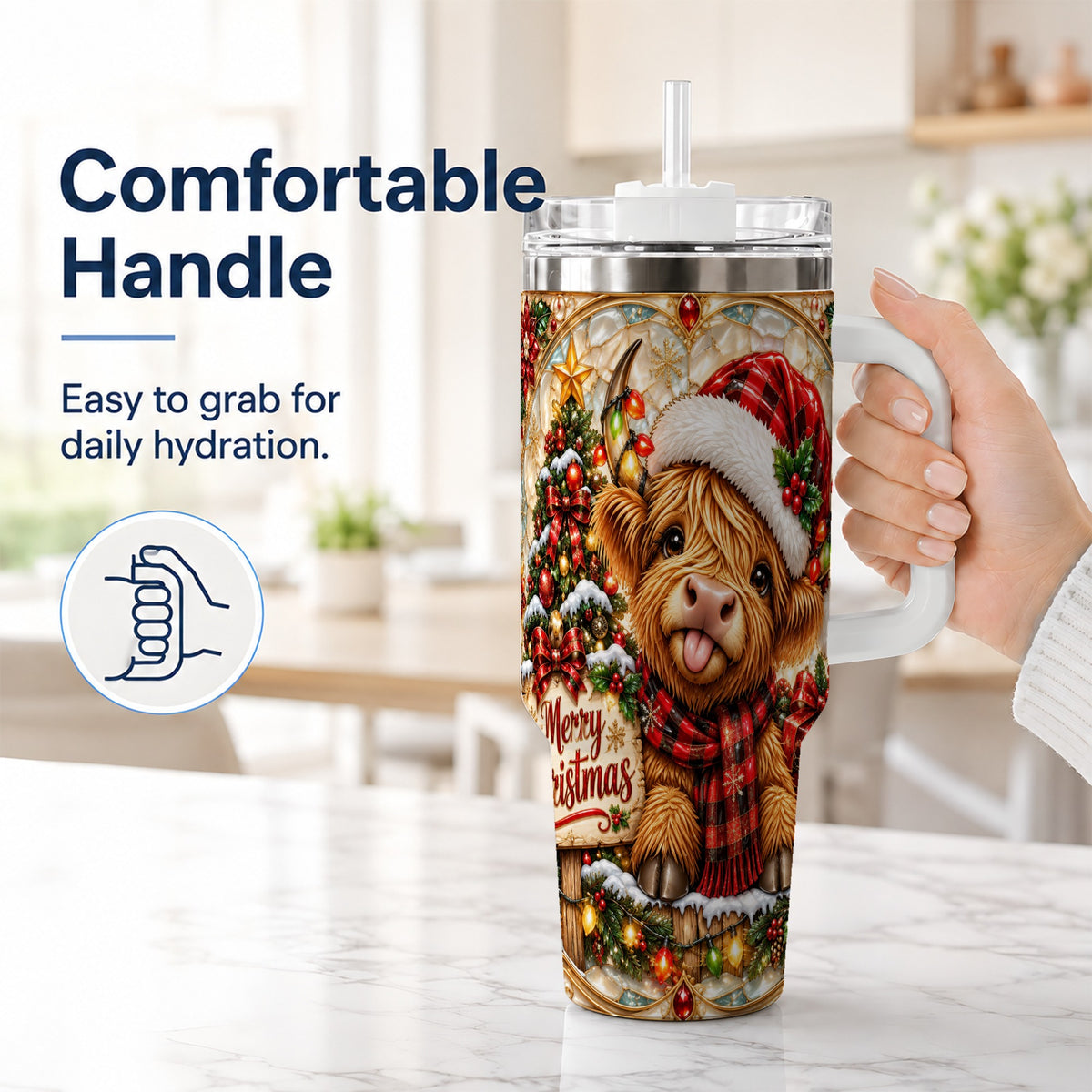 #pl[40oz|White] Christmas Cow 40oz Tumbler with Handle, Holiday Stainless Steel Travel Cup