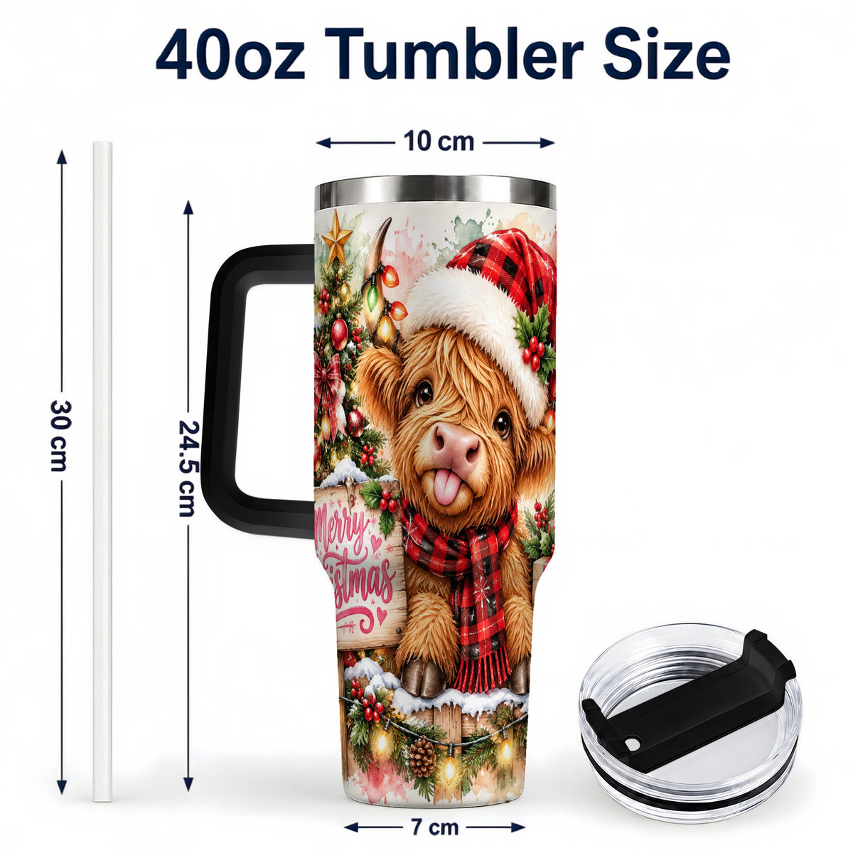 #pl[40oz|Black] Christmas Cow 40oz Tumbler with Handle, Holiday Stainless Steel Travel Cup