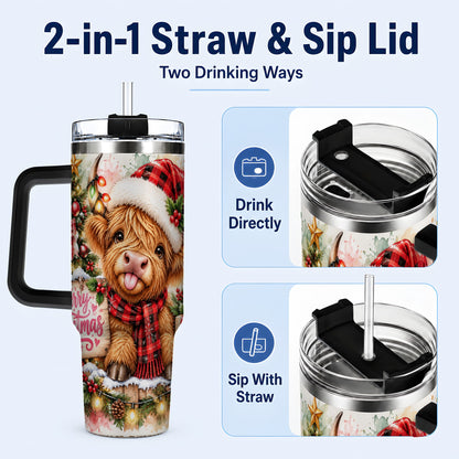 #pl[40oz|Black] Christmas Cow 40oz Tumbler with Handle, Holiday Stainless Steel Travel Cup