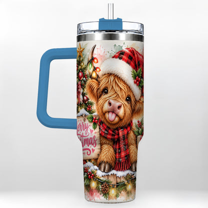#pl[40oz|Blue] Christmas Cow 40oz Tumbler with Handle, Holiday Stainless Steel Travel Cup