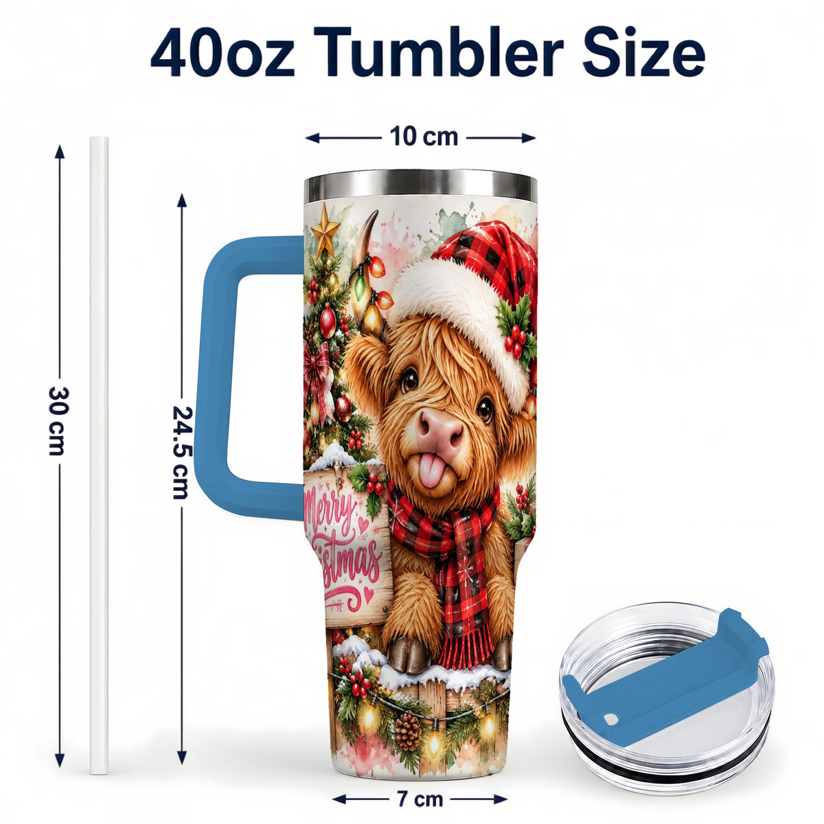 #pl[40oz|Blue] Christmas Cow 40oz Tumbler with Handle, Holiday Stainless Steel Travel Cup