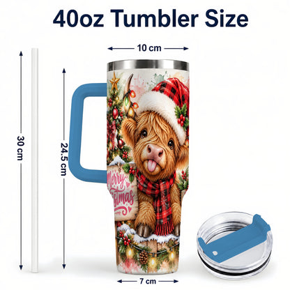 #pl[40oz|Blue] Christmas Cow 40oz Tumbler with Handle, Holiday Stainless Steel Travel Cup