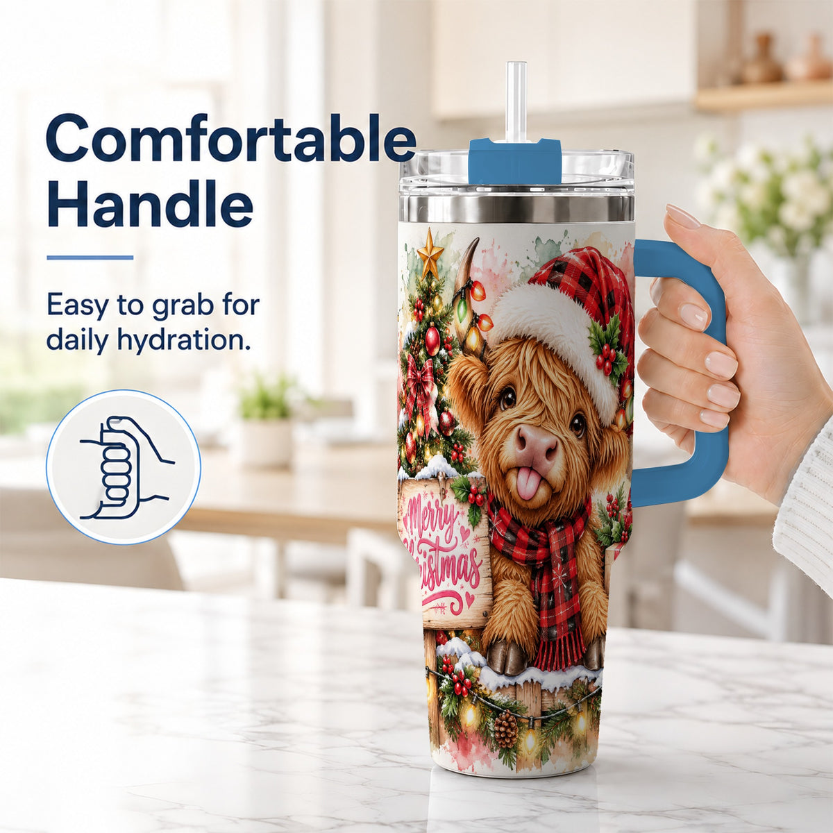 #pl[40oz|Blue] Christmas Cow 40oz Tumbler with Handle, Holiday Stainless Steel Travel Cup