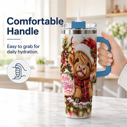 #pl[40oz|Blue] Christmas Cow 40oz Tumbler with Handle, Holiday Stainless Steel Travel Cup