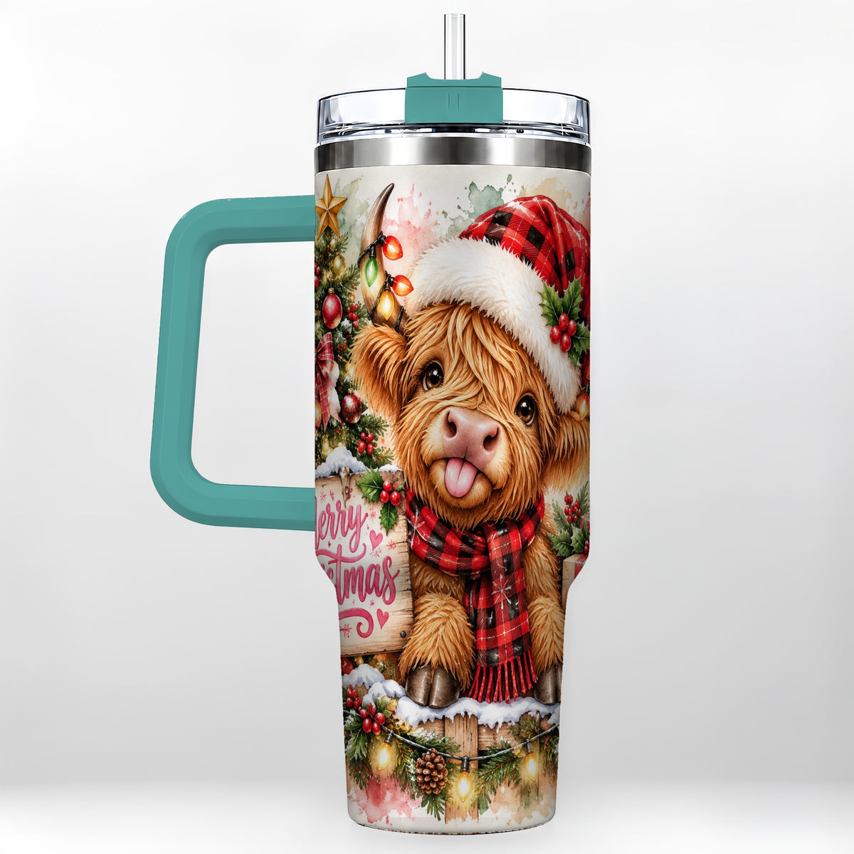 #pl[40oz|Green] Christmas Cow 40oz Tumbler with Handle, Holiday Stainless Steel Travel Cup