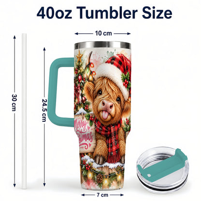 #pl[40oz|Green] Christmas Cow 40oz Tumbler with Handle, Holiday Stainless Steel Travel Cup