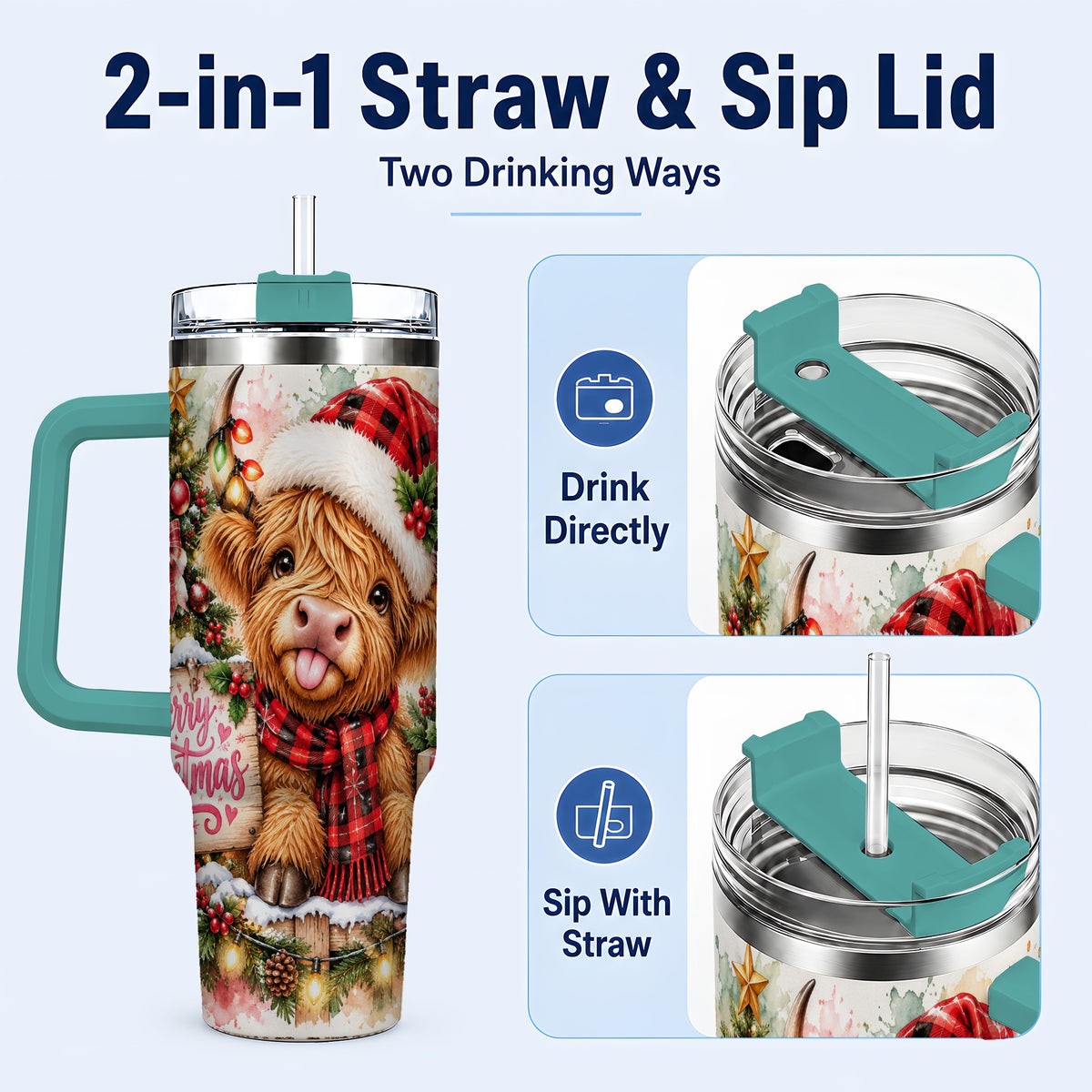 #pl[40oz|Green] Christmas Cow 40oz Tumbler with Handle, Holiday Stainless Steel Travel Cup
