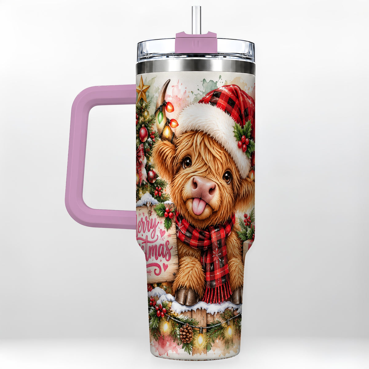 #pl[40oz|Pink] Christmas Cow 40oz Tumbler with Handle, Holiday Stainless Steel Travel Cup
