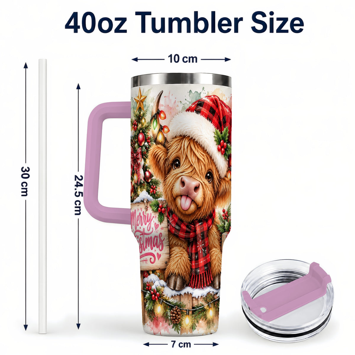 #pl[40oz|Pink] Christmas Cow 40oz Tumbler with Handle, Holiday Stainless Steel Travel Cup