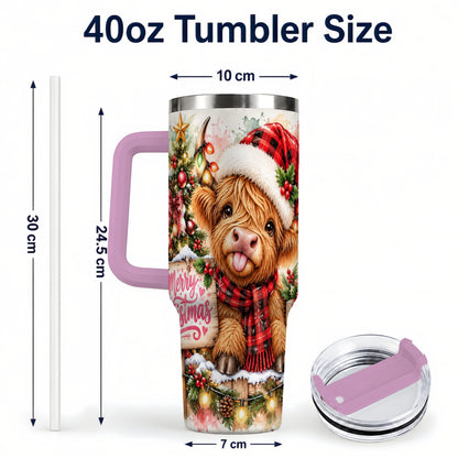 #pl[40oz|Pink] Christmas Cow 40oz Tumbler with Handle, Holiday Stainless Steel Travel Cup