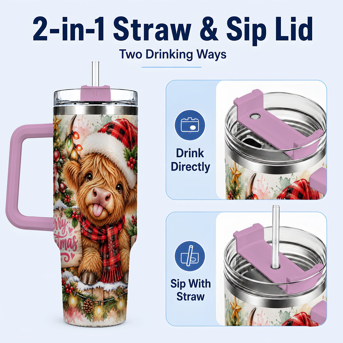 #pl[40oz|Pink] Christmas Cow 40oz Tumbler with Handle, Holiday Stainless Steel Travel Cup