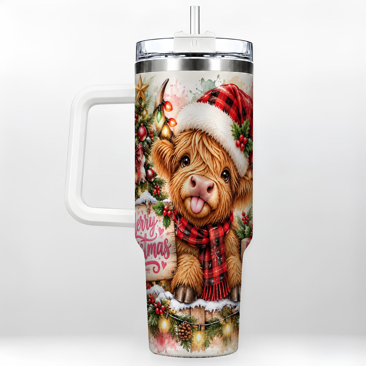 #pl[40oz|White] Christmas Cow 40oz Tumbler with Handle, Holiday Stainless Steel Travel Cup