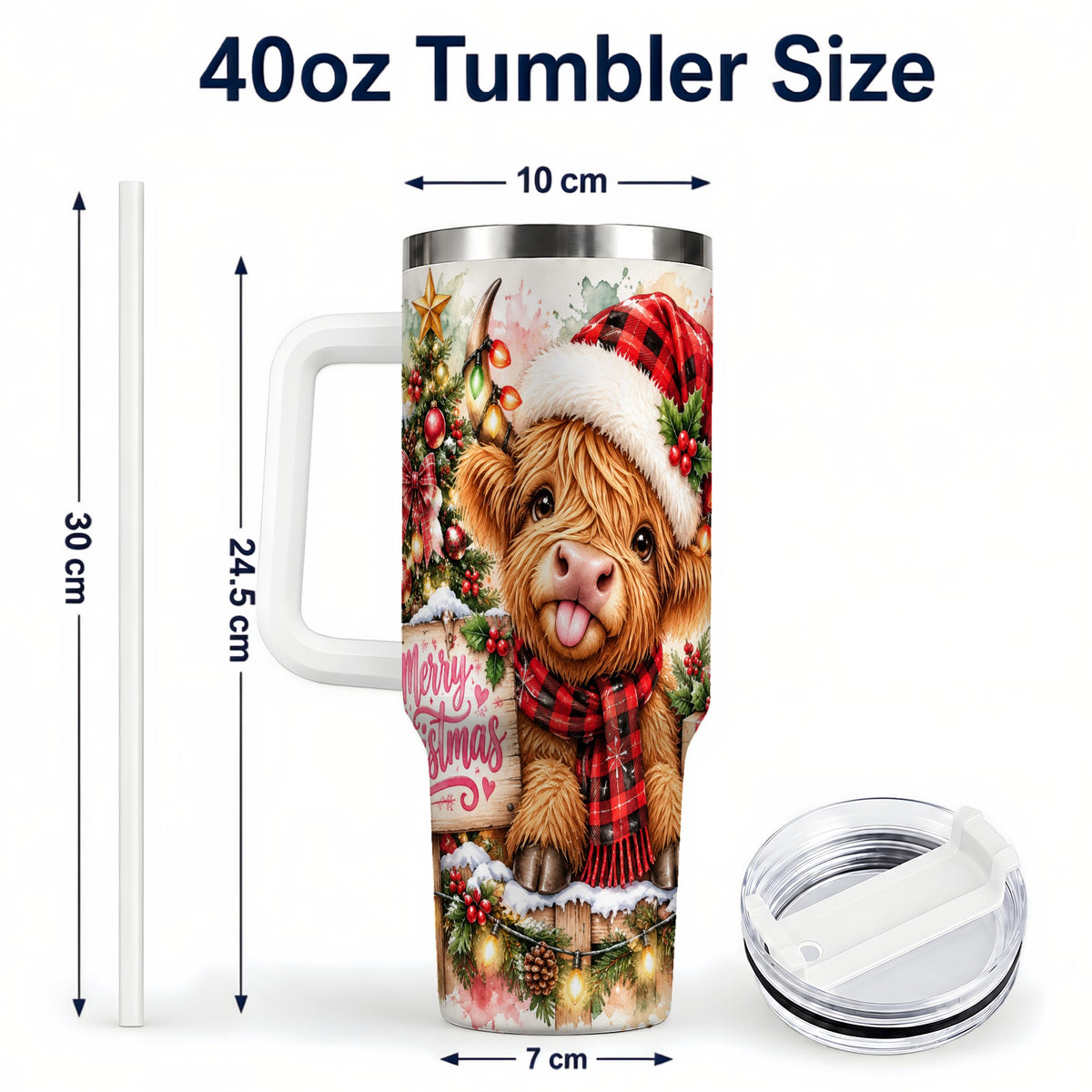 #pl[40oz|White] Christmas Cow 40oz Tumbler with Handle, Holiday Stainless Steel Travel Cup