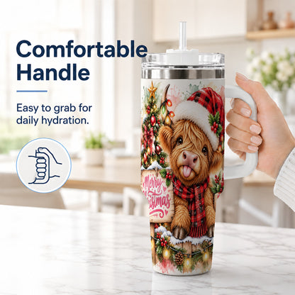 #pl[40oz|White] Christmas Cow 40oz Tumbler with Handle, Holiday Stainless Steel Travel Cup