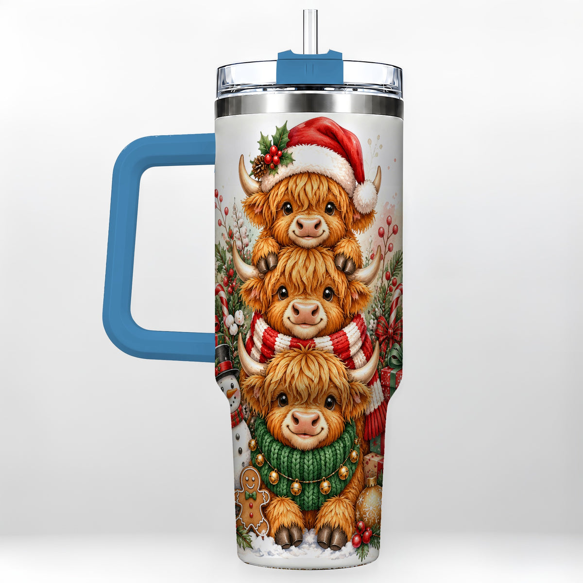 #pl[40oz|Blue] Cow Family 40oz Tumbler with Handle, Christmas Stainless Steel Travel Cup